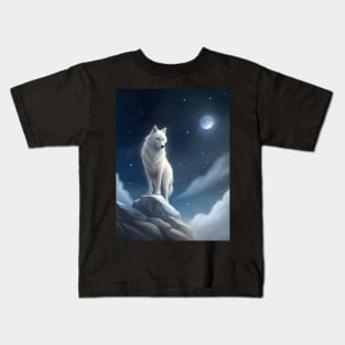 White Wolf Hunting Ground, Winter Mountain Icy Moon, Forest, Galaxy Beautiful gifts Novelty a Wolf portrait Watercolor Kids T-Shirt